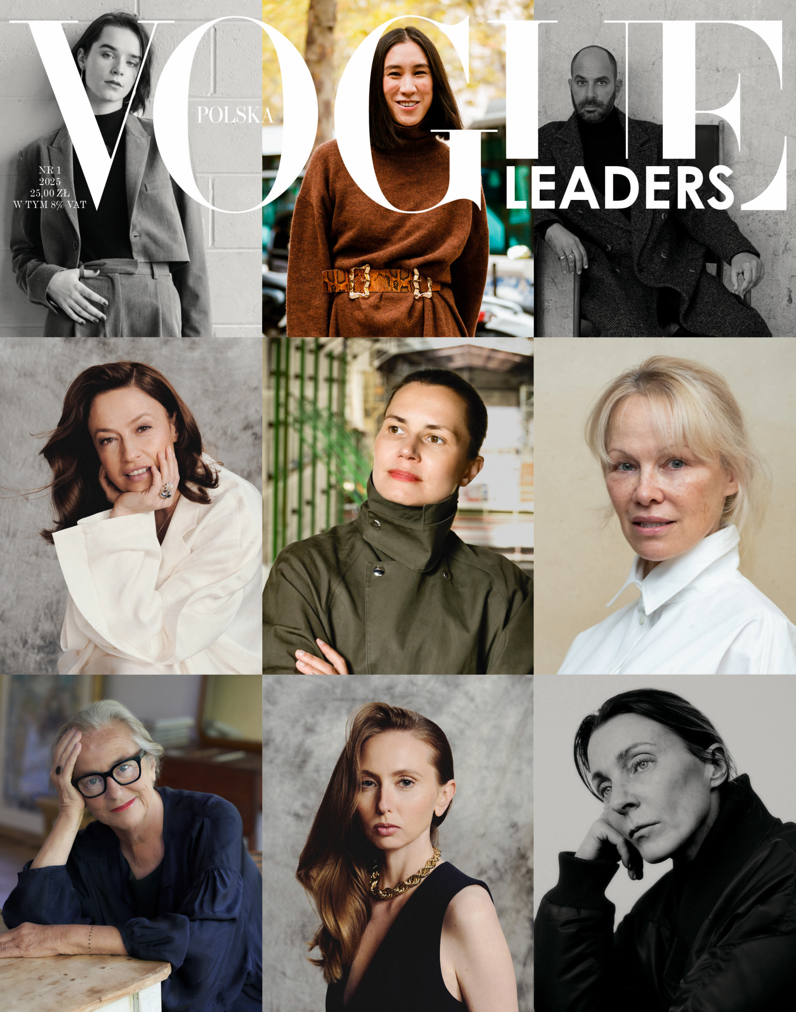 Na okładce "Vogue Polska Leaders" zestaw portretów różnych liderów, prezentujących różnorodne style i wyrazy twarzy.