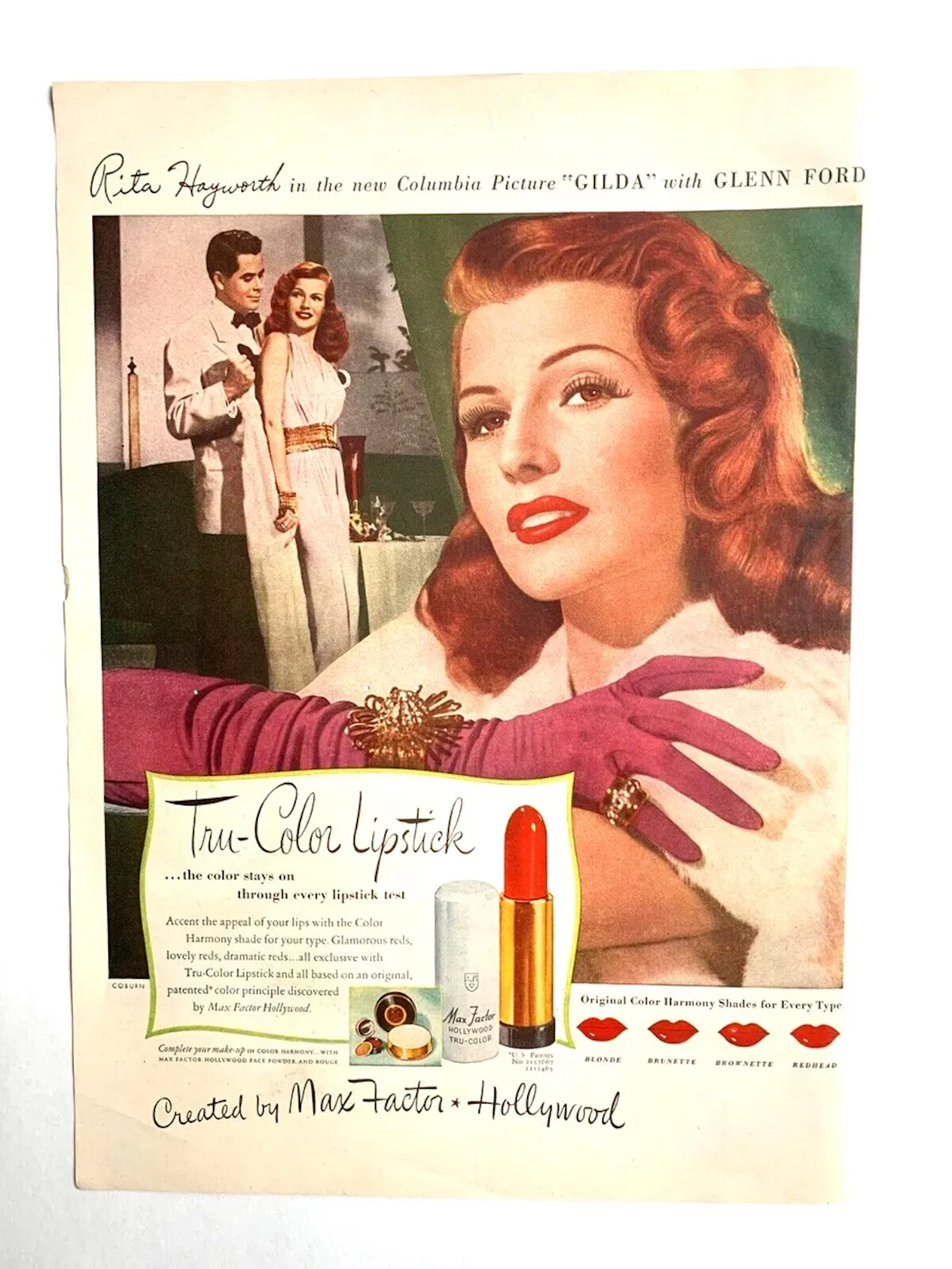 Rita Hayworth w reklamie czerwonej szminki Max Factor z lat 50., promująca film "Gilda" z Glenem Fordem.
