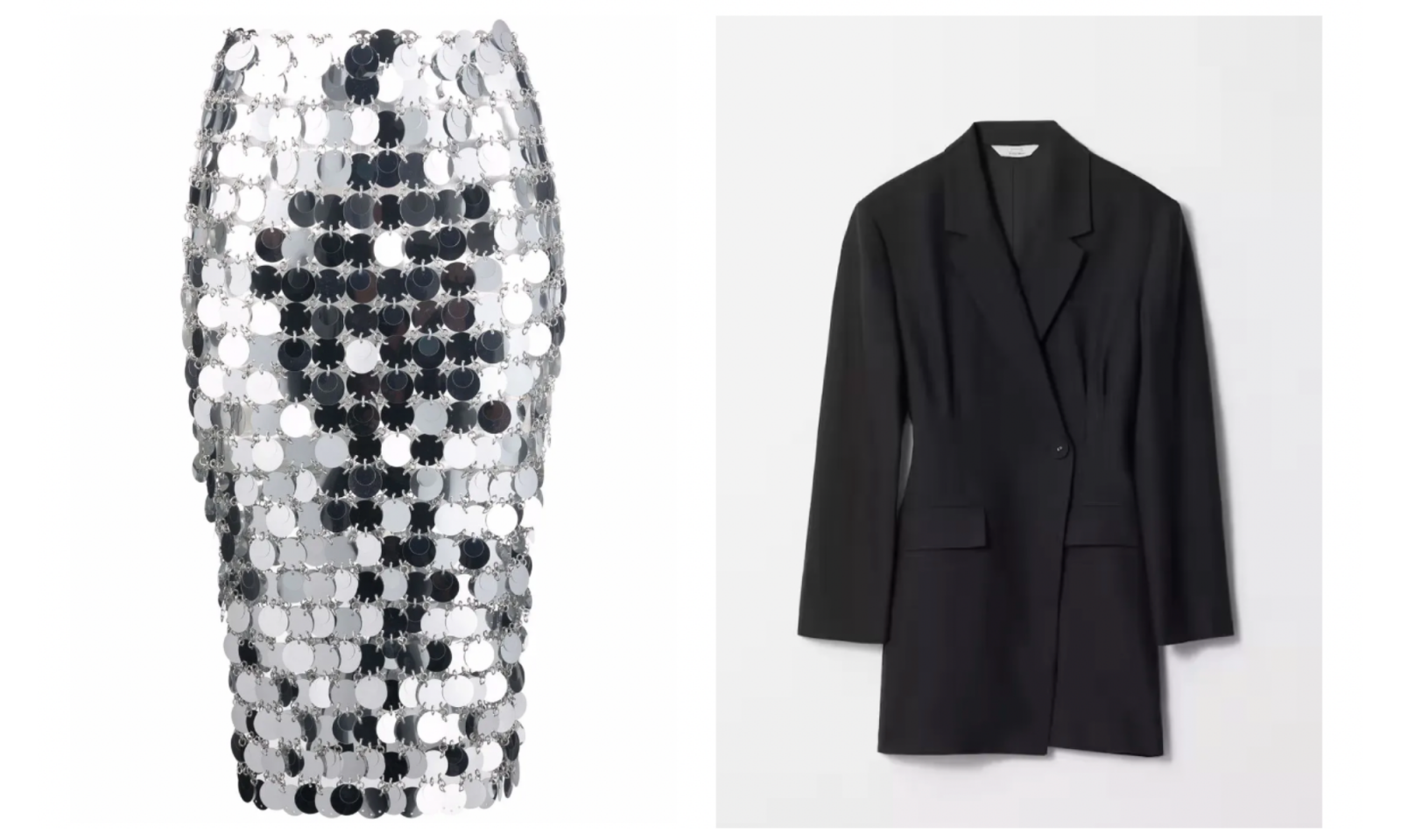 Srebrna spódnica cekinowa midi Rabanne obok czarnej marynarki damskiej Zara. Elegancka i efektowna stylizacja.