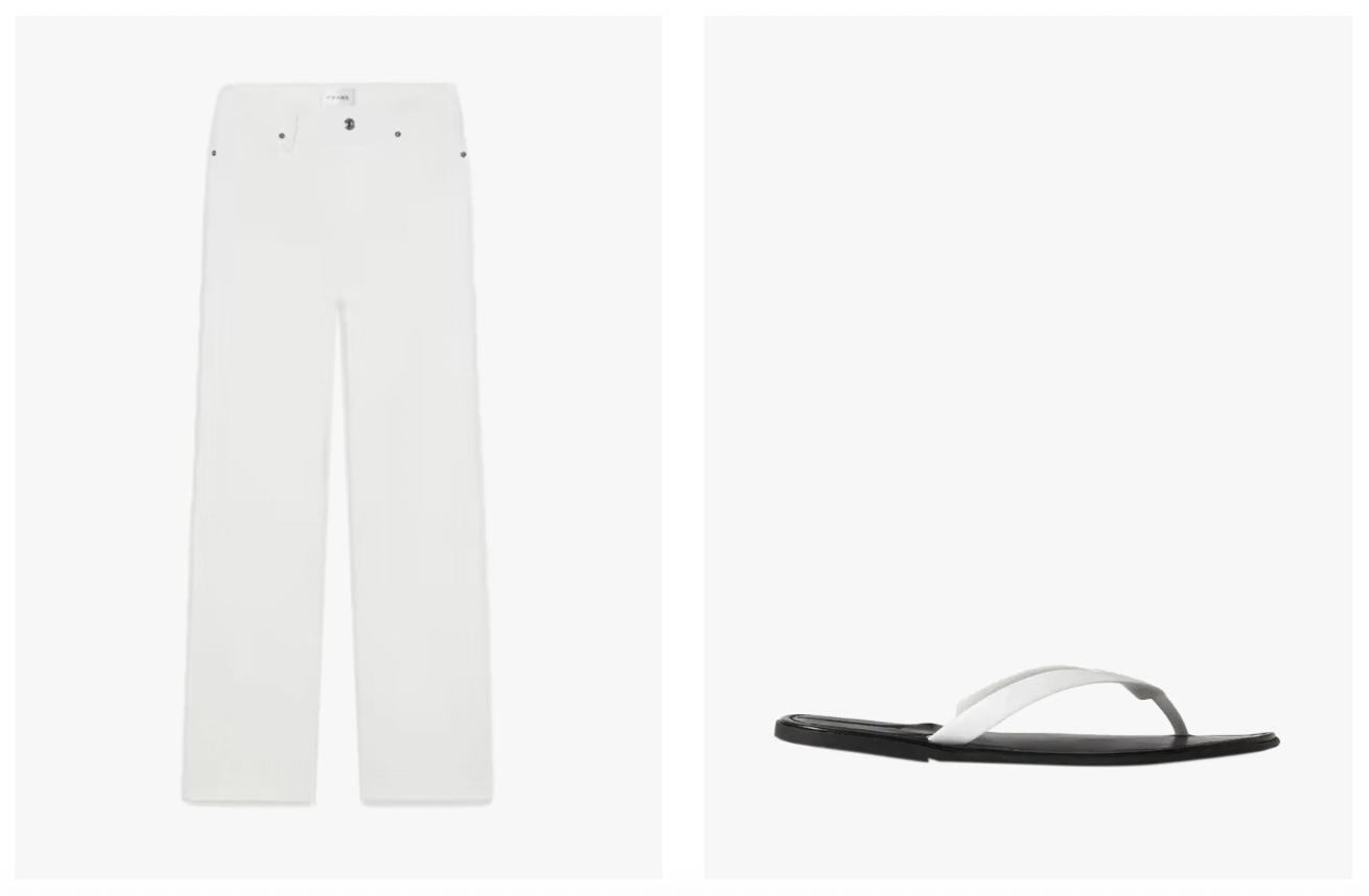 Damskie białe jeansy oraz klapki japonki w stylu minimalistycznym.