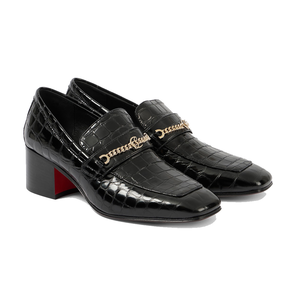 Wężowe mokasyny z czarnej skóry na obcasie Christiania Louboutin z ozdobnym łańcuszkiem