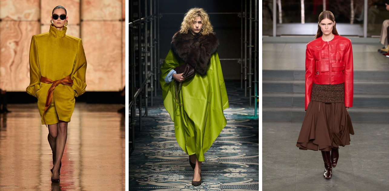Kolorowe płaszcze i kurtki w kolekcjach Saint Laurent, Prady i Tory Burch / Fot. Spotlight. Launchmetrics