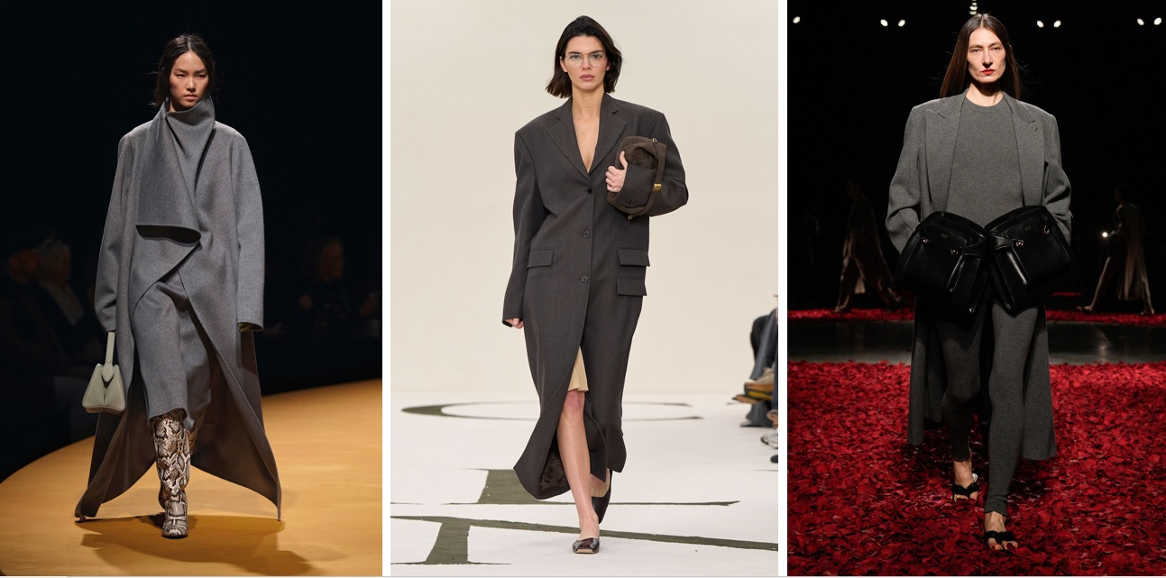Szary płaszcz w kolekcjach Khaite, Calvin Klein i Ferragamo / Fot. Spotlight. Launchmetrics