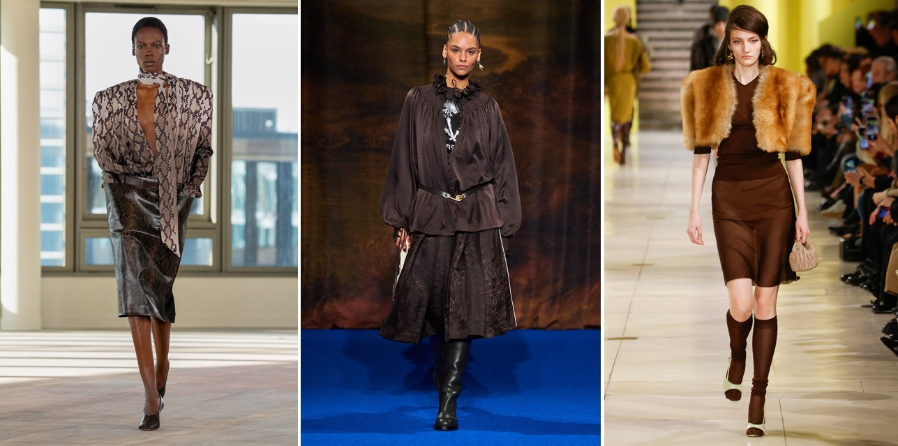 Brązowe spódnice w kolekcjach Stelli McCartney Burberry i Miu Miu / Fot. Spotlight. Launchmetrics