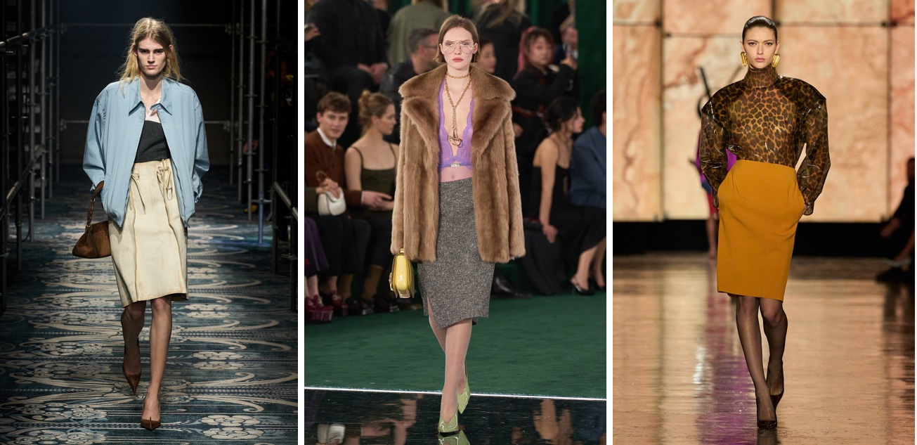 Spódnice do kolan w kolekcji Prady, Gucci i Saint Laurent / Fot. Spotlight. Launchmetrics