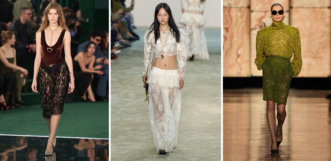 Koronkowe spódnice w kolekcjach Gucci, Chloe i Saint Laurent / Fot. Spotlight. Launchmetrics