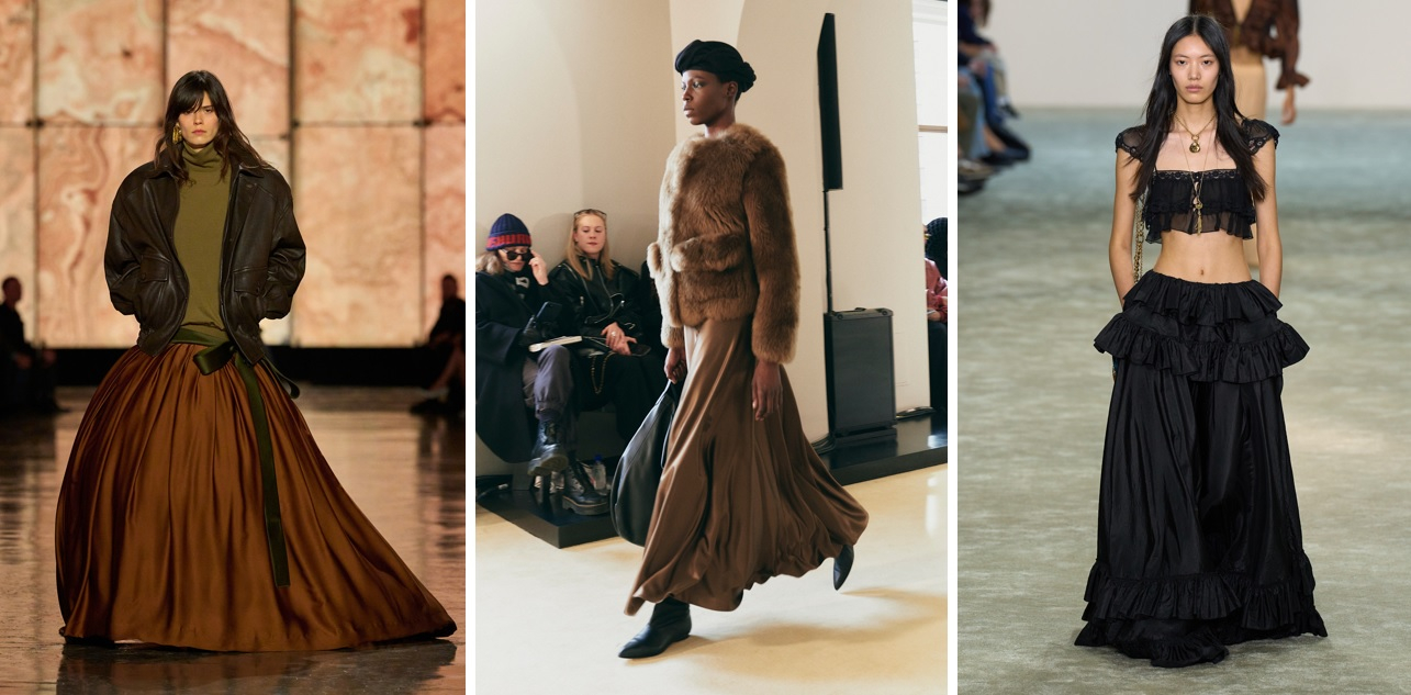 Spódnice maxi w kolekcjach Saint Laurent, Altuzarra i Chloe / Fot. Spotlight. Launchmetrics