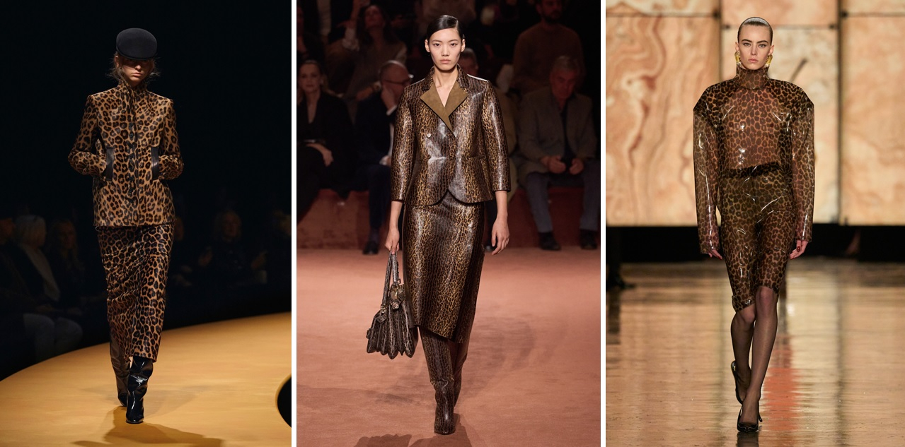 Spódnice w panterkę w kolekcjach Khaite, Fendi i Saint Laurent / Fot. Spotlight. Launchmetrics