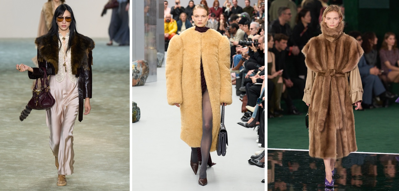 Sztuczne futro w kolekcjach Chloe, Acne i Gucci (Fot. Spotlight. Launchmetrics)