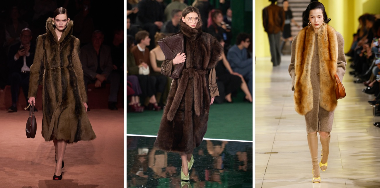 Najmodniejsze płaszcze i kurtki na jesień-zimę 2025 powstaną ze sztucznego futra, które imitować będzie futro z norek. (Fendi, Gucci, Miu Miu; Fot. Spotlight. Launchmetrics)