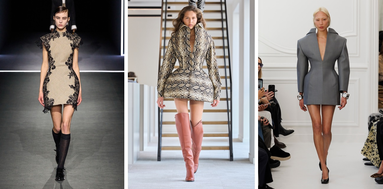 Projektanci pokochali inspirowaną stylem retro sylwetkę klepsydry. Jesienią 2025 fason ten wystąpi zarówno na marynarkach, jak i sukienkach. (Dior, Duran Lantink, Givenchy; Fot. Spotlight. Launchmetrics)