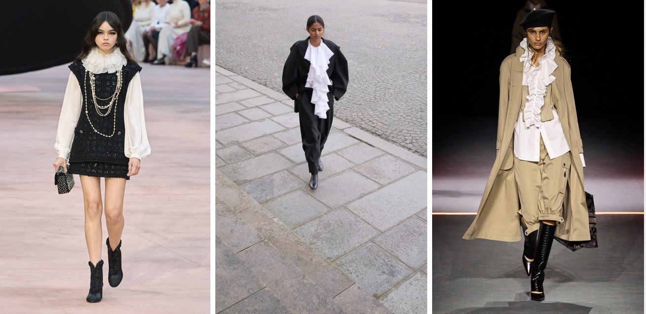 Ikonami stylu na jesień-zimę 2025 będą bohaterowie z obrazów Friedricha i postaci z utworów Goethego. Z ich szaf podkradniemy opasłe kołnierze. (Chanel, Viktor & Rolf, Dior; Fot. Spotlight. Launchmetrics)