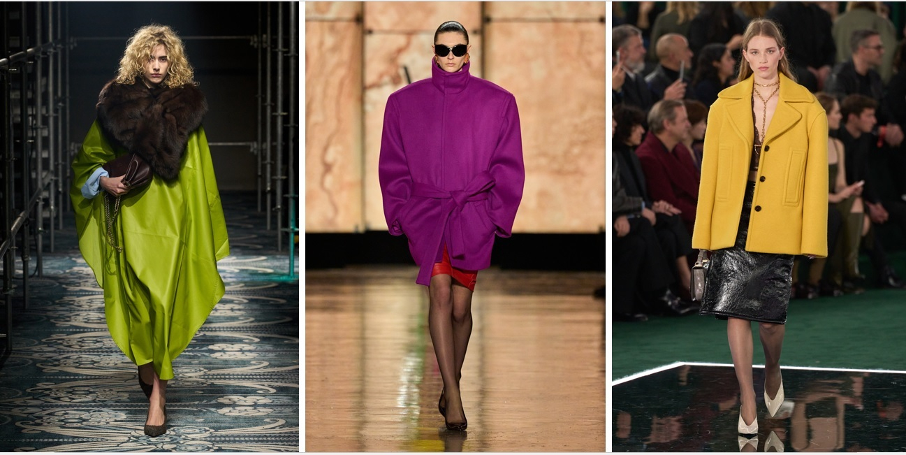 Na koronce historia o mocnych kolorach jesienią się nie skończy. Intensywne barwy będą mieć także modne płaszcze i kurtki. (Prada, Saint Laurent, Gucci; Fot. Spotlight. Launchmetrics)