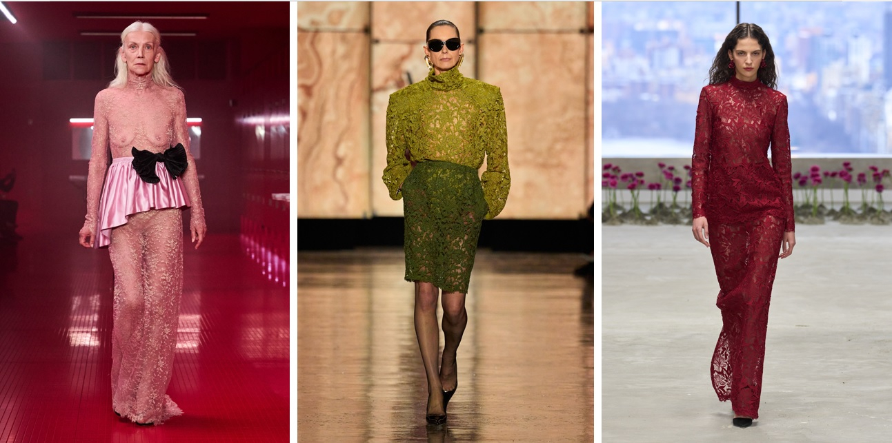Koronka na sezon jesień-zima 2025-2026 niejeden ma kolor. Delikatna tkanina w soczystych odcieniach będzie niczym zastrzyk pozytywnej energii. (Valentino, Saint Laurent, Carolina Herrera; Fot. Spotlight. Launchmetrics)