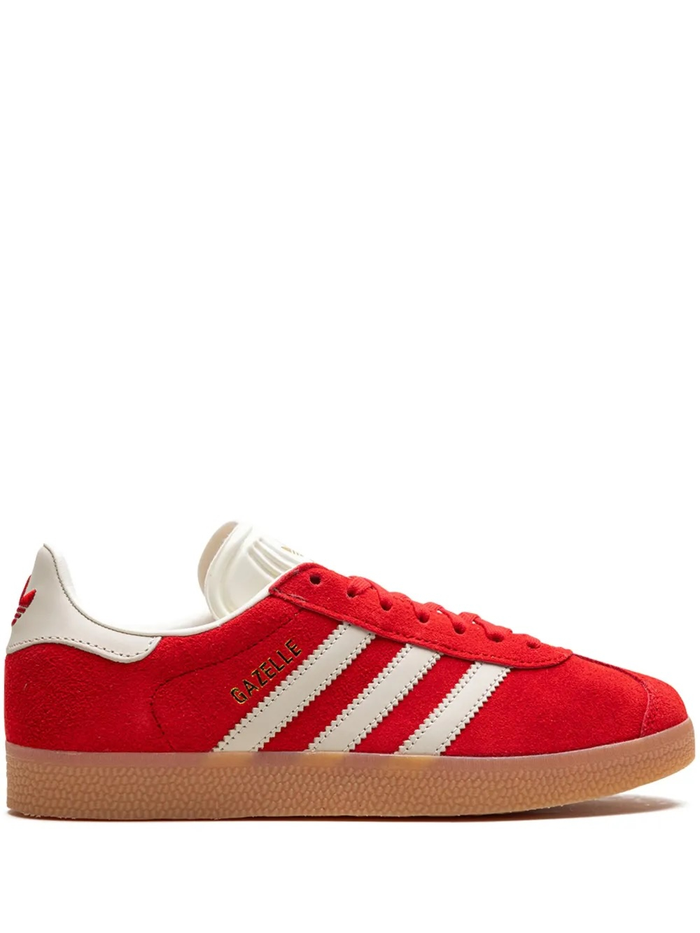 Czerwone sneakersy damskie adidas Gazelle z białymi trzema paskami i gumową podeszwą.