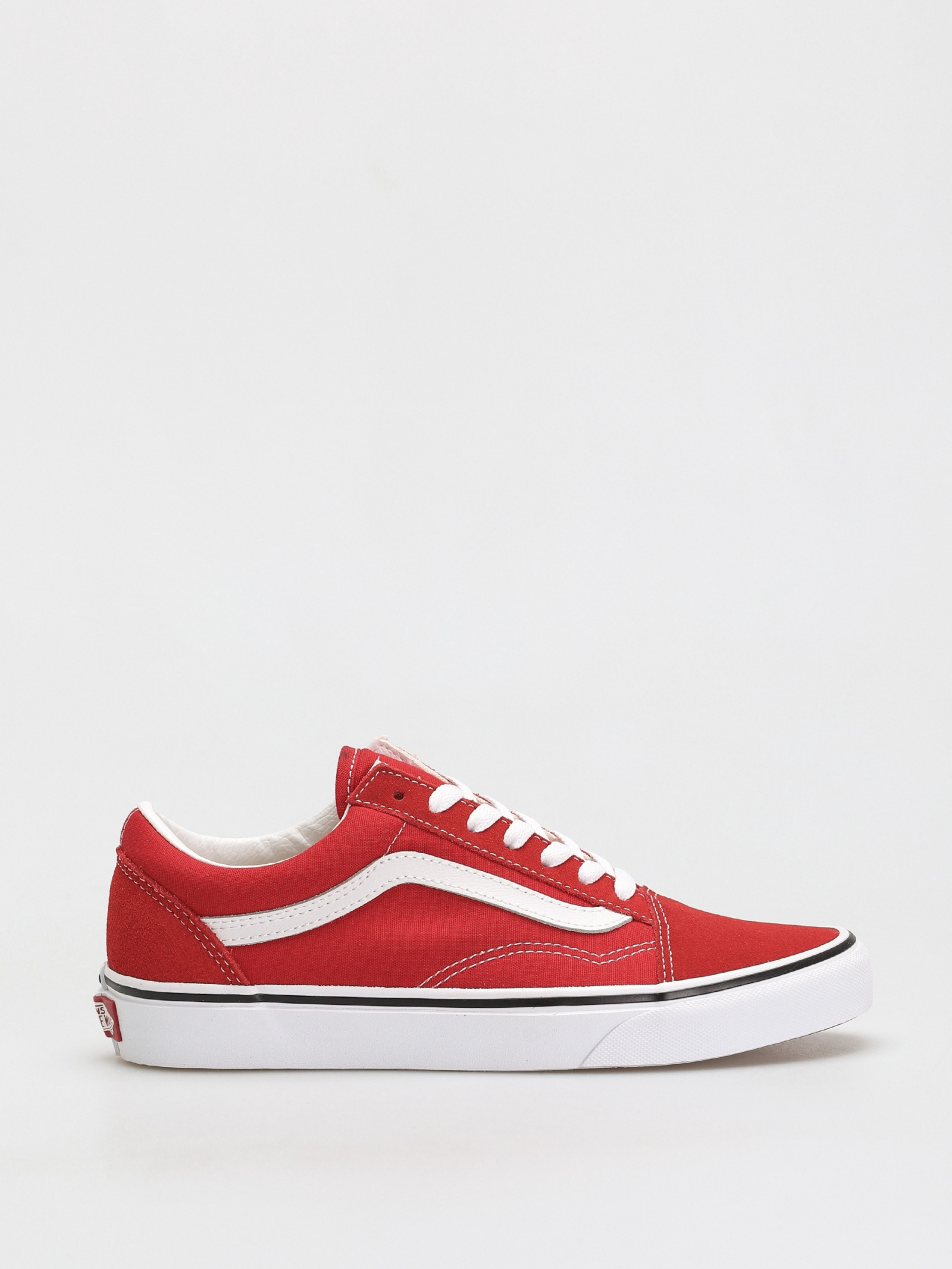 Czerwone sneakersy damskie Vans Old Skool z białymi detalami, klasyczny model na gumowej podeszwie.
