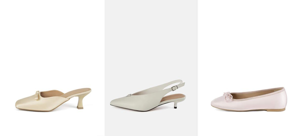 Buty marki L37 idealne dla panien młodych na lato 2025: Slingbacki Middle Ground, baletki Bibi, satynowe pantofelki Sophie.