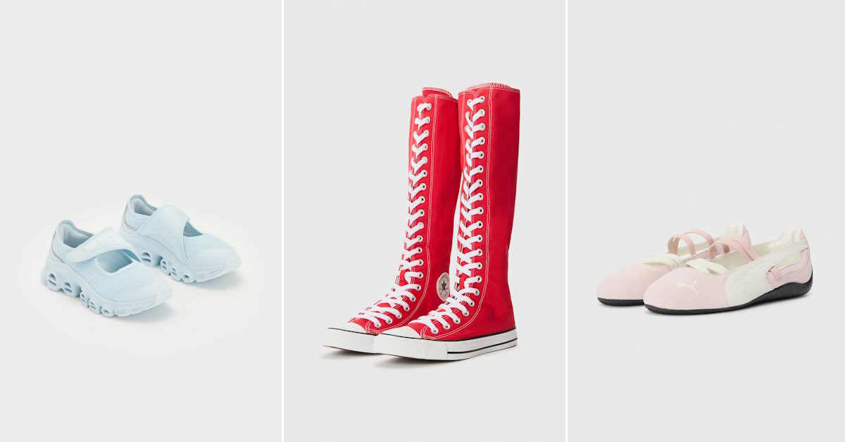 Trzy pary butów: niebieskie klapki Adidas Originals, czerwone wysokie trampki z białymi sznurówkami marki Converse oraz różowe baletki Puma z kokardą. Buty dostępne na Zalando.