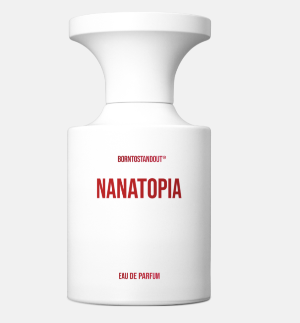 Butelka perfum w kolorze białym, z oznaczeniem "NANATOPIA" i logo "BORNTOSTANDOUT".