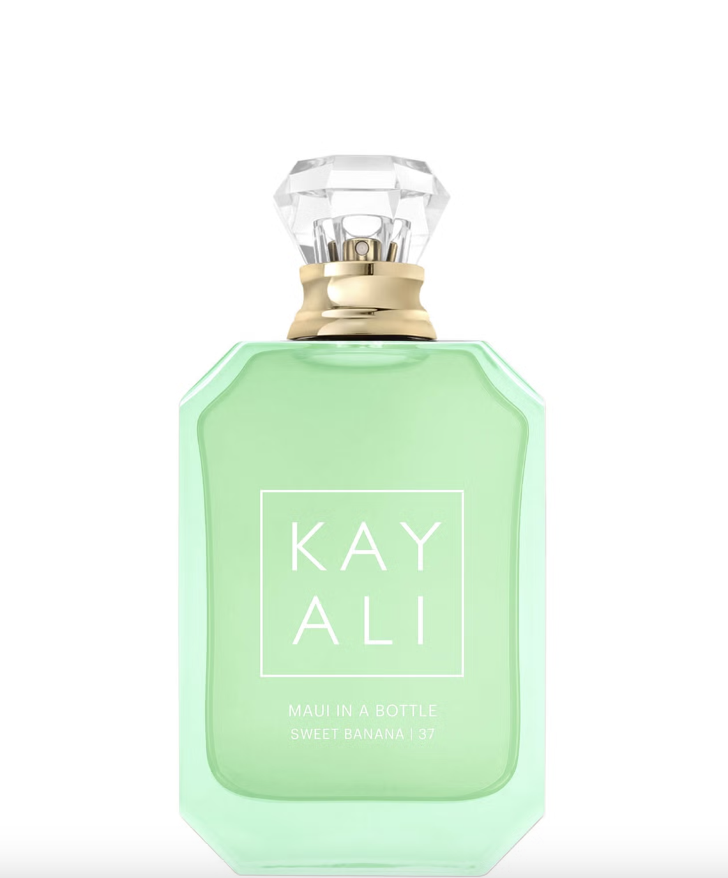 Zielona butelka perfum KAY ALI z kryształowym korkiem, o nazwie "Maui in a Bottle - Sweet Banana".