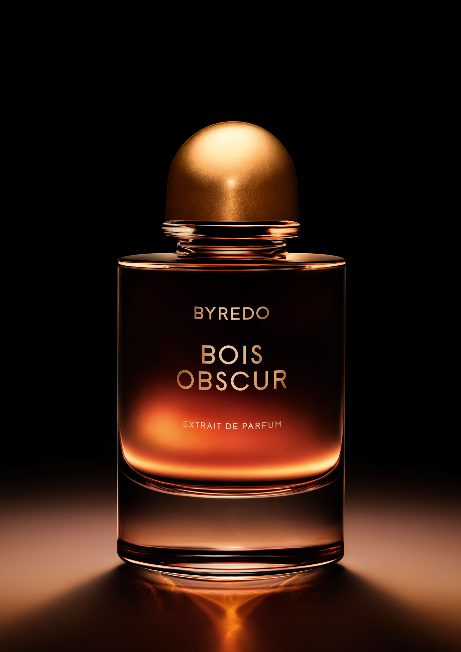 Flakon perfum Byredo Bois Obscur, zadrukowany złotymi literami, na ciemnym tle. Elegantne, minimalistyczne wydanie.