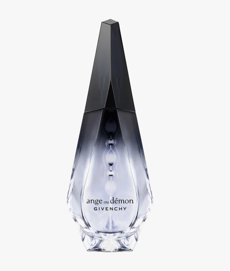 Flakon perfum Givenchy "Ange ou Démon", o eleganckim, szklanym designie, z ostrym czarnym wierzchołkiem i przezroczystym korpusem.