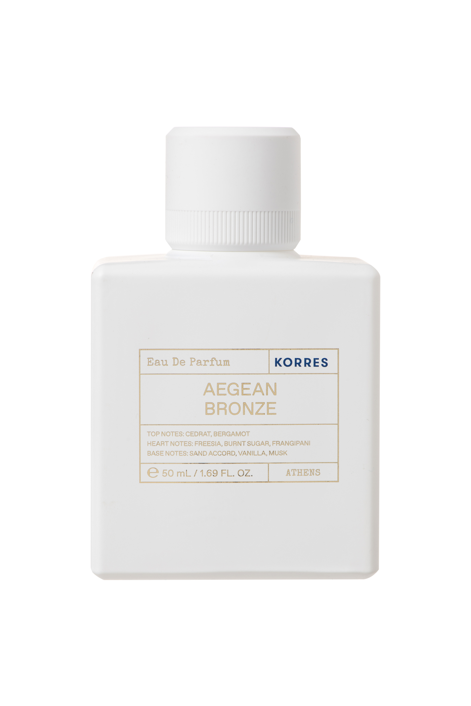 Perfumy "Aegean Bronze" marki Korres w białym flakonie o pojemności 50 ml. Zawierają nuty cedru, bergamotki, frangipani i wanilii.