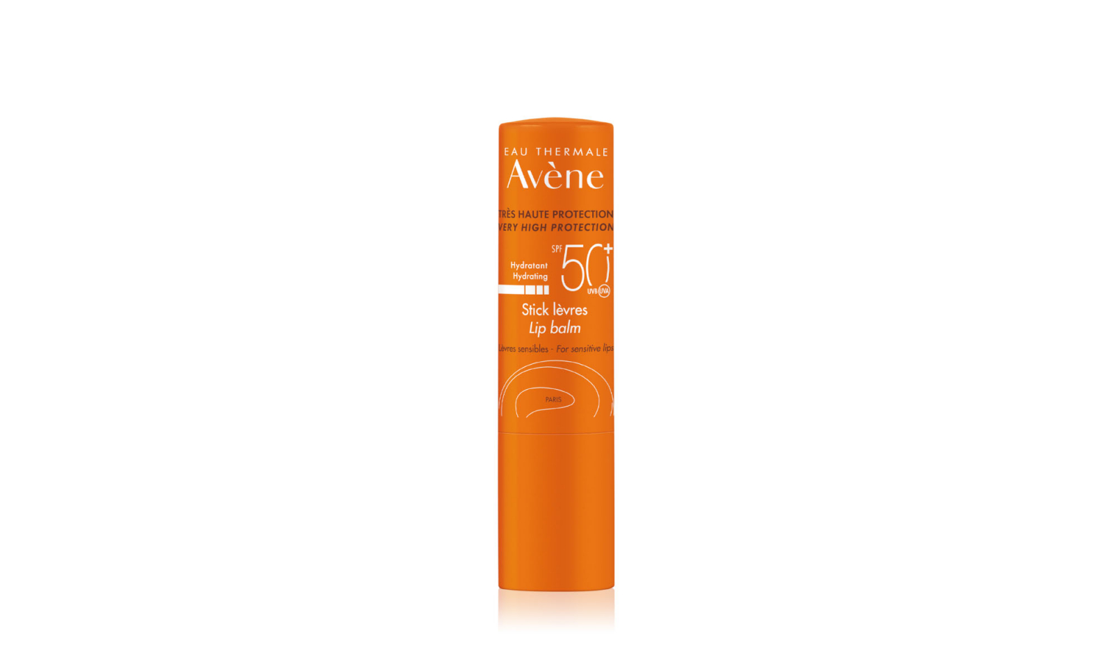 Balsam do ust Avène w pomarańczowym opakowaniu, z bardzo wysoką ochroną SPF 50, przeznaczony do pielęgnacji wrażliwej skóry.