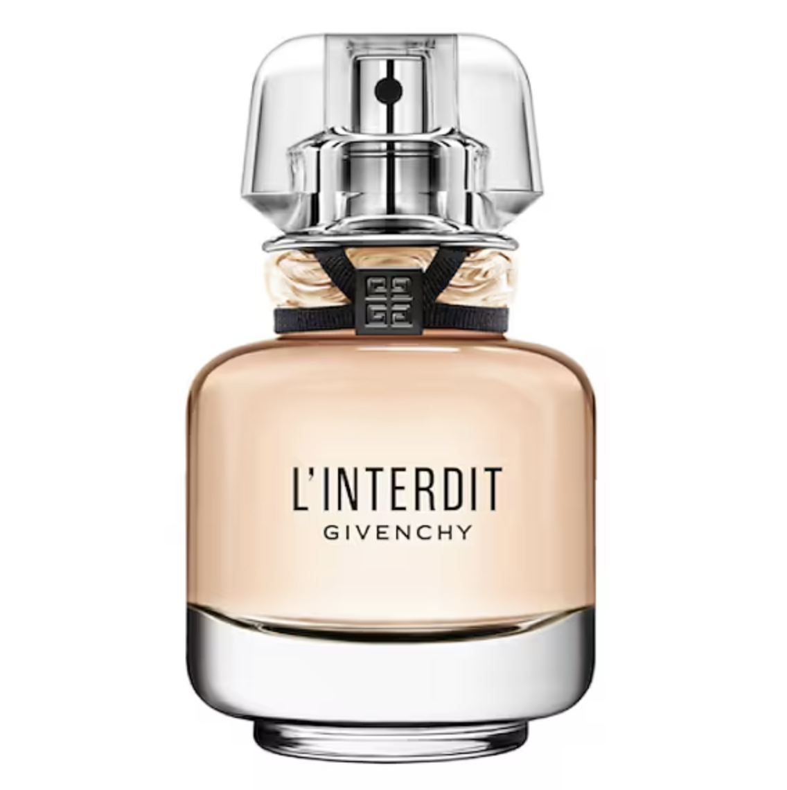Flakon perfum L'Interdit od Givenchy. Elegancki design z przezroczystym szkłem i metalową nakrętką.