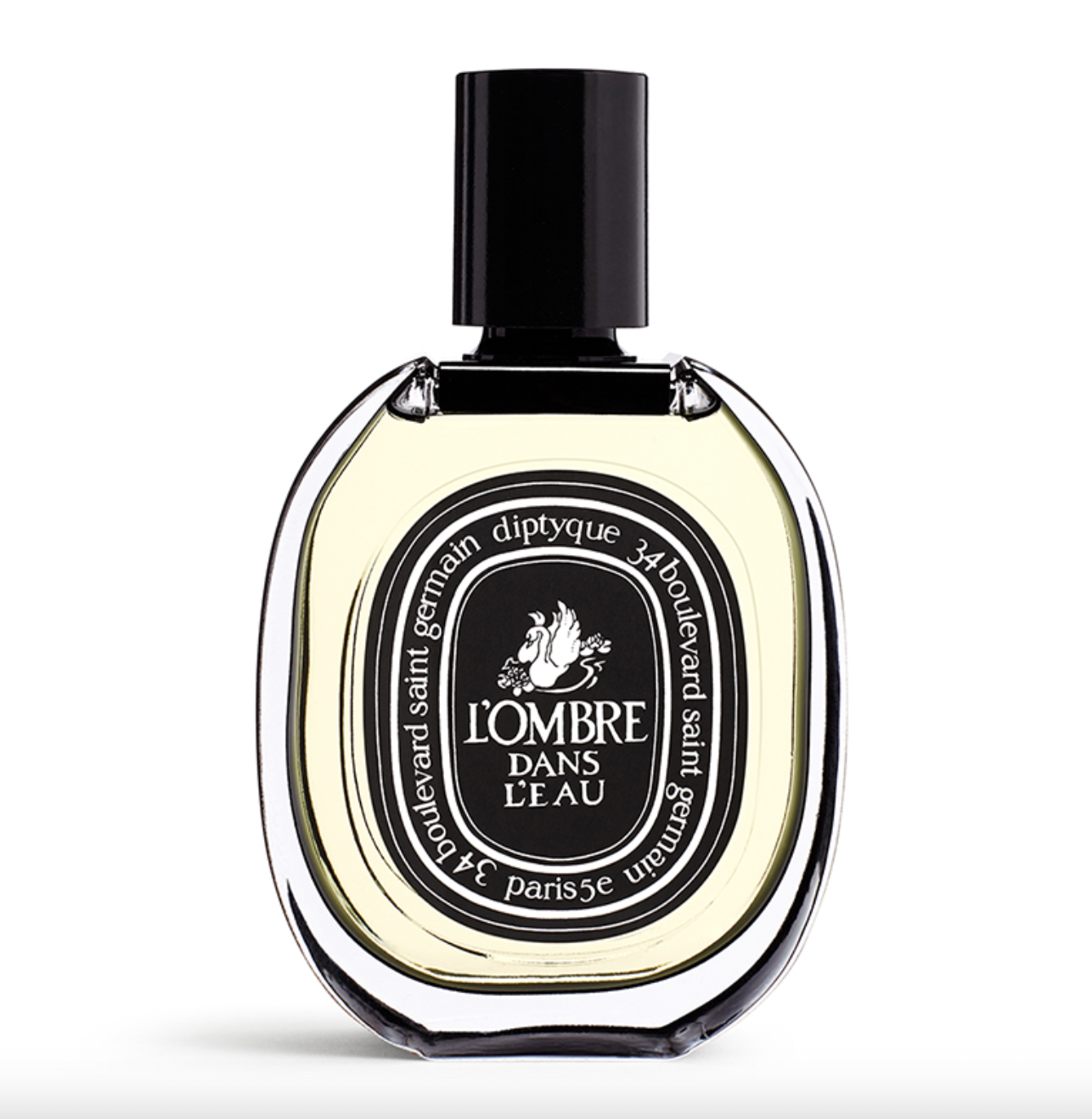 Flakon perfum L'Ombre Dans L'Eau marki Diptyque, o klasycznym, eleganckim kształcie z ciemną etykietą.
