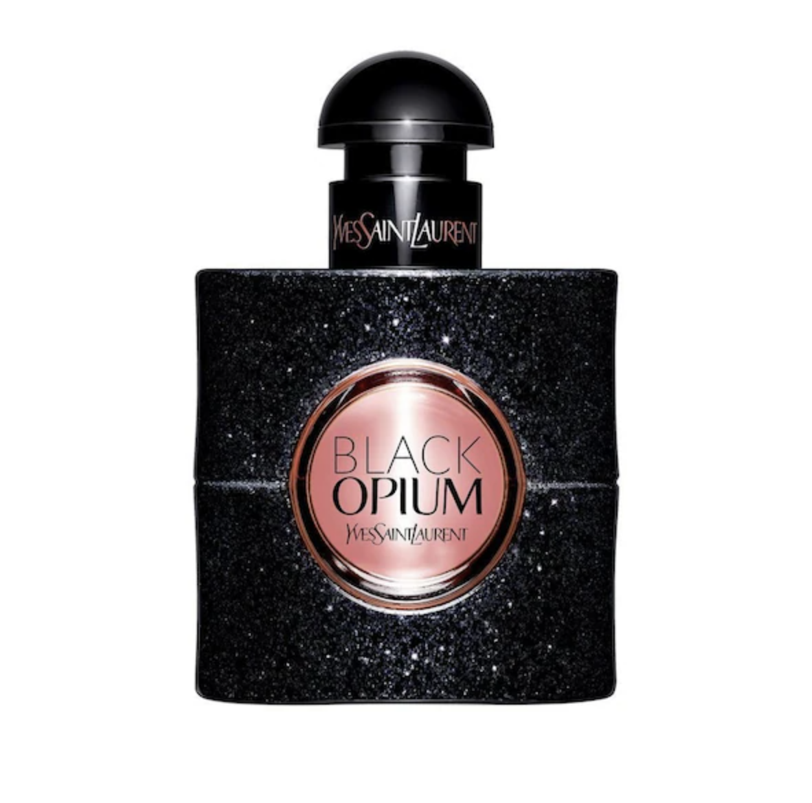 Czarny flakon perfum "Black Opium" od Yves Saint Laurent, ozdobiony błyszczącym wzorem.