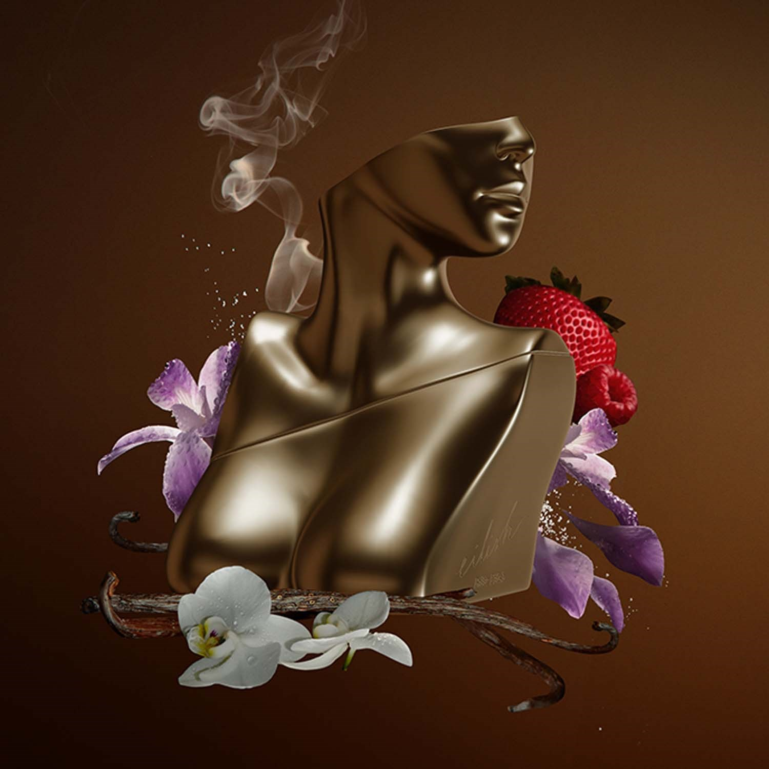 Perfumy na jesień w gustownej butelce z metalicznych odcieni, otoczone kwiatami i owocami.