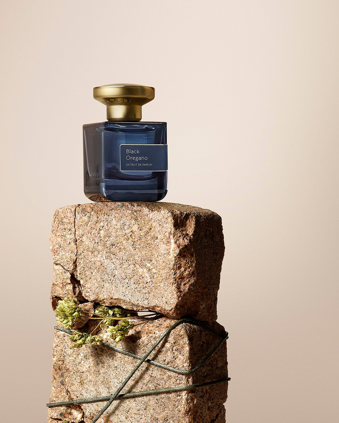 Flakon perfum "Black Oregano" stoi na kamieniu, otoczony zielonymi gałązkami i sznurkiem, na tle jasnej ściany.