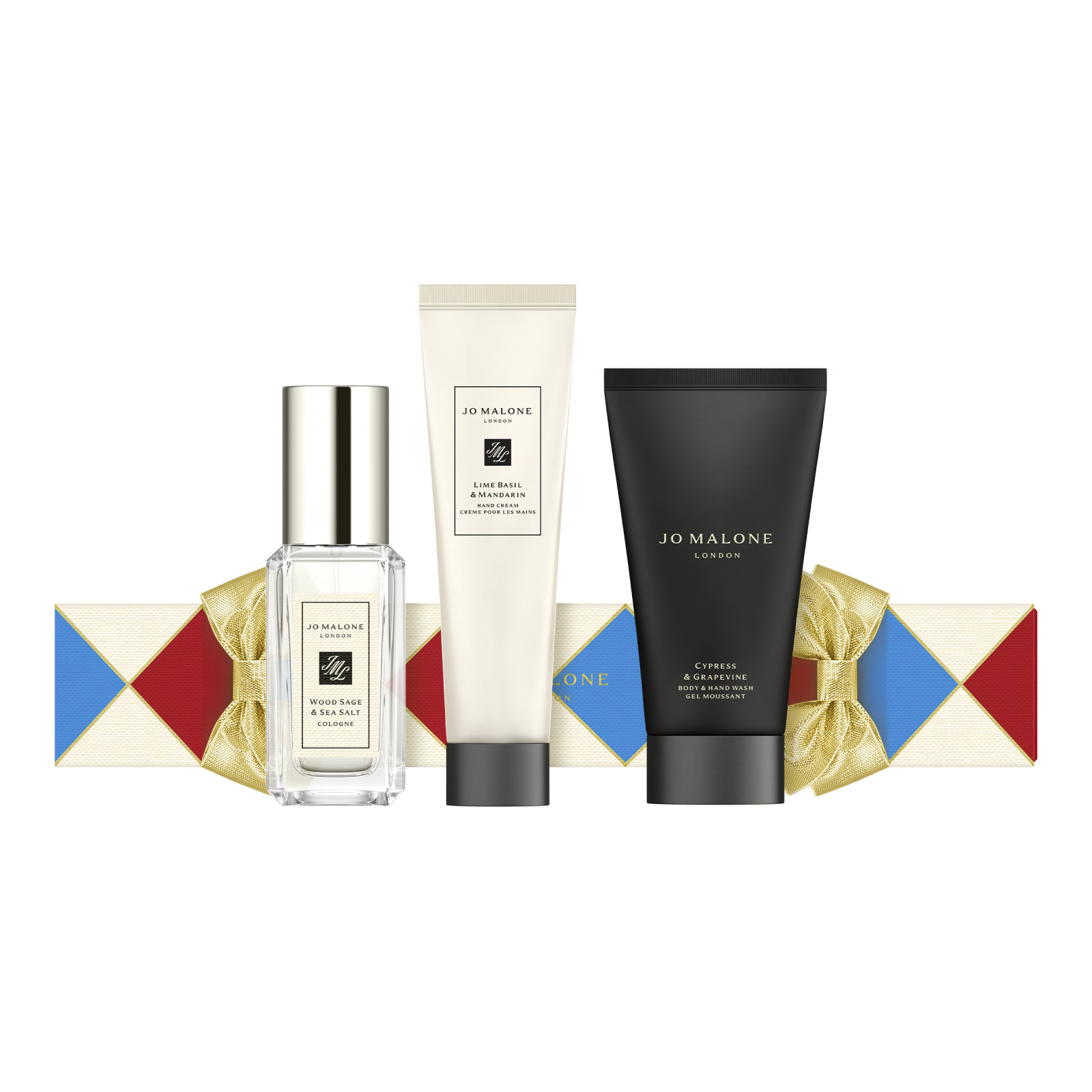 Zestaw kosmetyk&oacute;w Jo Malone: woda toaletowa, balsam do ciała i żel pod prysznic, ozdobiony kolorową wstążką.