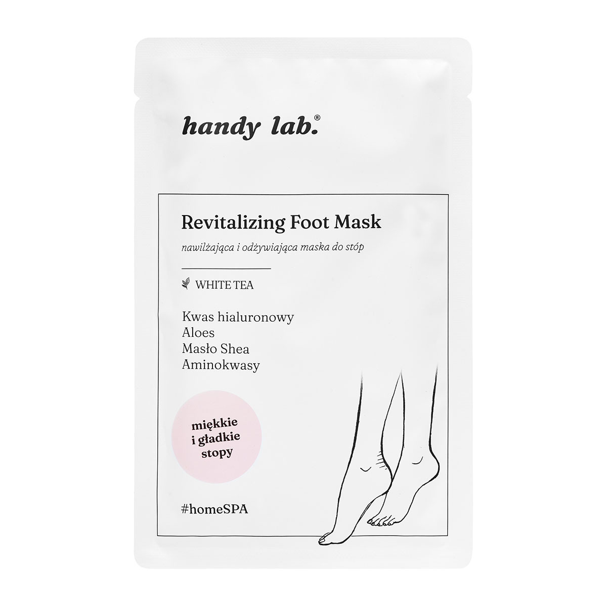 Maseczka do stóp marki handy lab, zawierająca białą herbatę, aloes, kwas hialuronowy i masło shea. Promuje miękkie stopy.