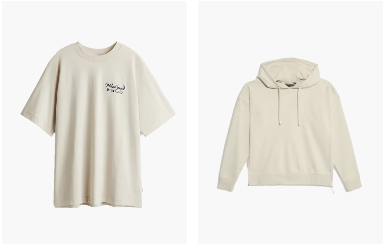 Beżowy t-shirt z nadrukiem "Weekend Run Club" po lewej oraz beżowa bluza z kapturem po prawej.