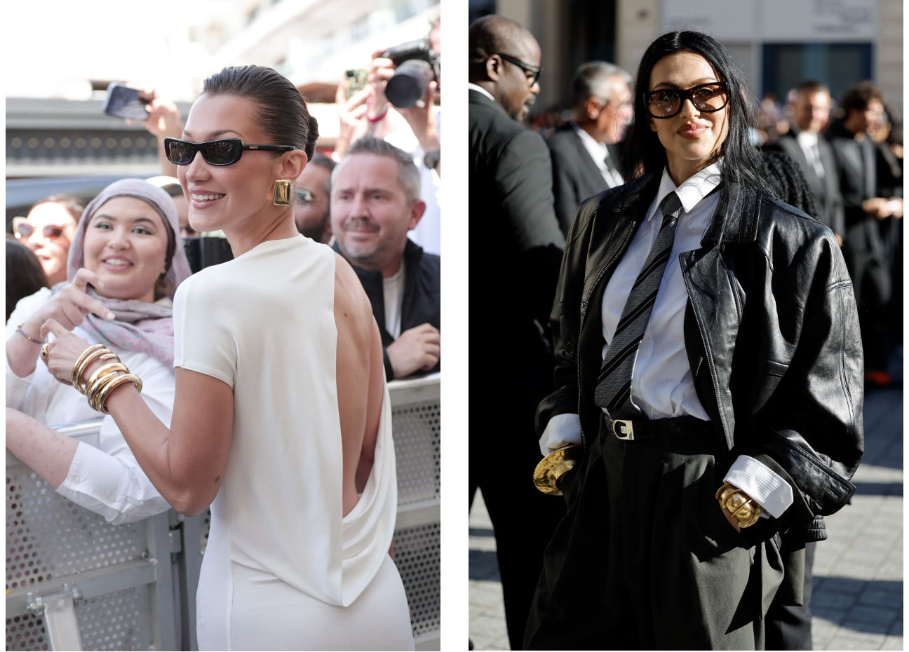 Dwie kobiety w modnych stylizacjach. Po lewej w białej sukience z odkrytymi plecami, po prawej w czarnej skórzanej kurtce i krawacie.
