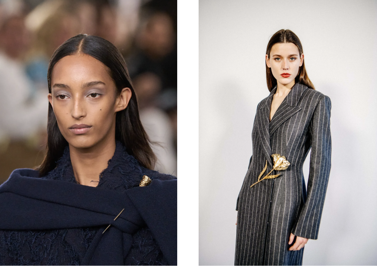 Modelki prezentują eleganckie stylizacje, każda z broszką jako wyróżniającym akcentem.