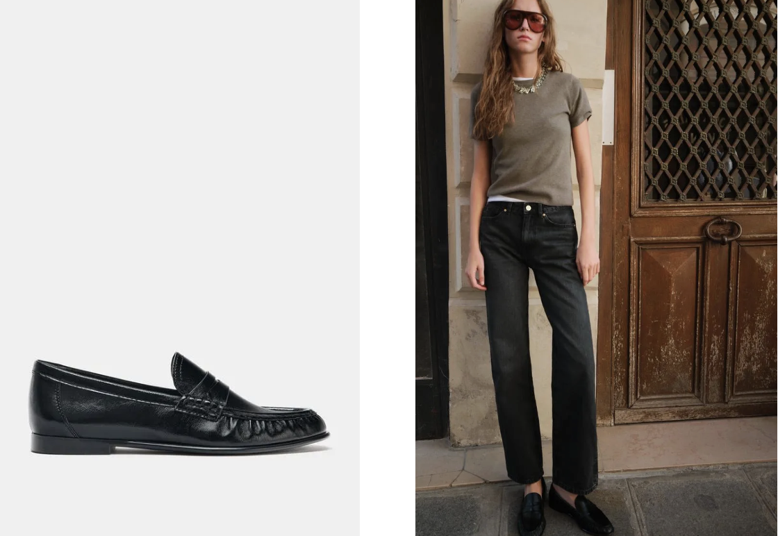 Mokasyny z Zara w kolorze czarnym, przedstawione obok modelki w casualowej stylizacji z dżinsami.
