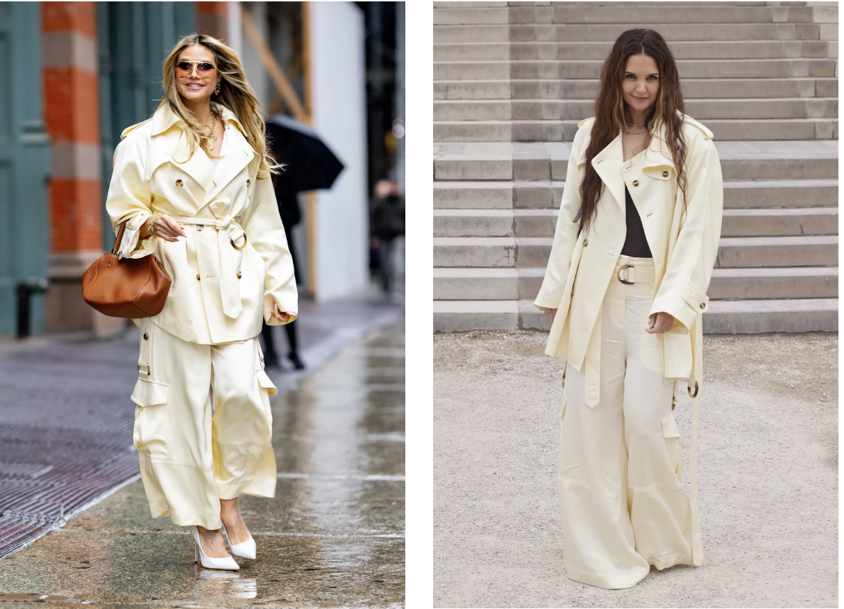 Heidi Klum połączyła spiczaste czółenka w kolorze białym z jasnożółtymi spodniami cargo (Fot. The Hapa Blonde/Getty Images); Katie Holmes założyła spodnie cargo podczas paryskiego tygodnia mody na sezon jesień-zima 2025-2026 (Fot. Neil Mockford/Getty Images)