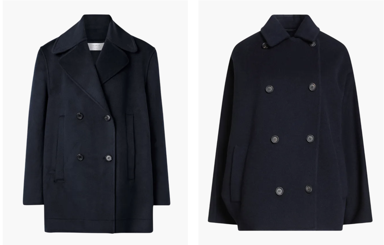 Granatowy płaszcz na zimę 2025 w stylu klasycznym, o podwójnych guzikach i eleganckim kroju.