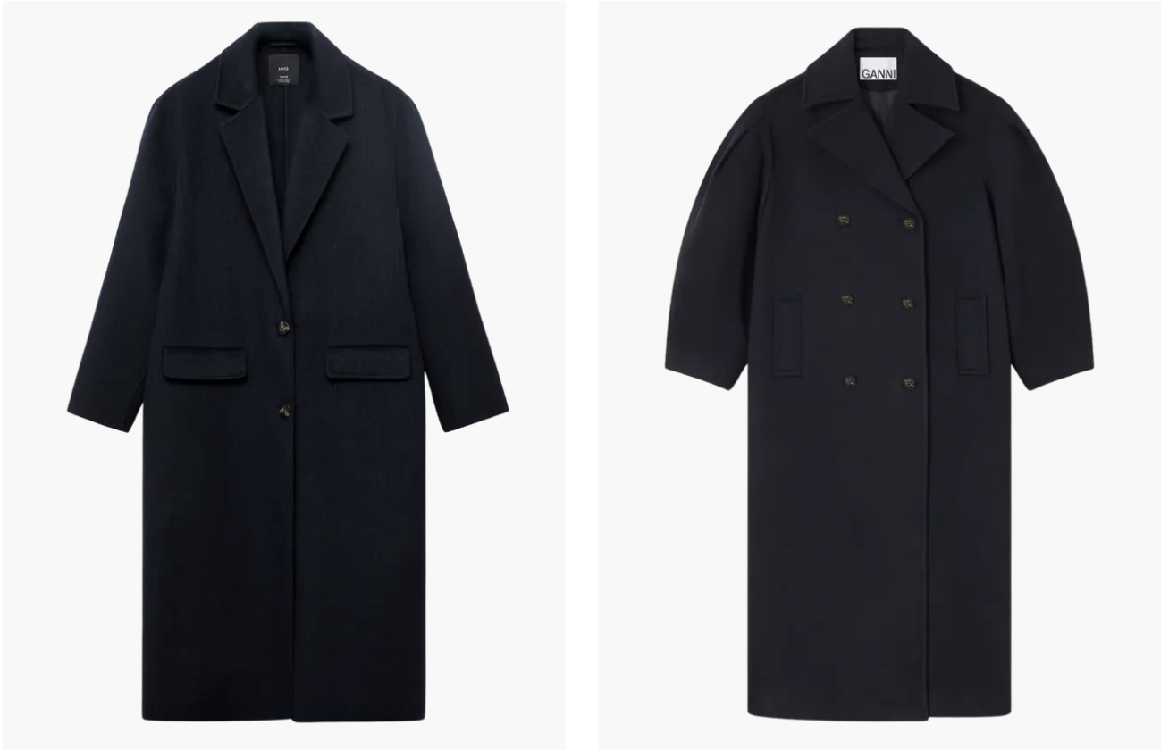 Dwa granatowe płaszcze na zimę 2025, jeden klasyczny z guzikami, drugi z podwójnym zapięciem.