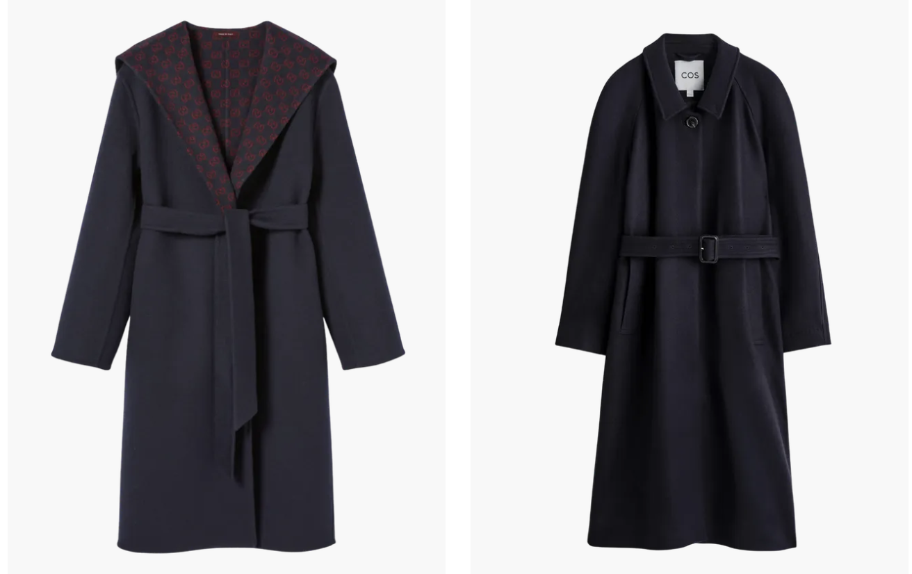 Granatowy płaszcz na zimę 2025 z szerokim kapturem i paskiem, oraz model z guzikami i paskiem w talii.