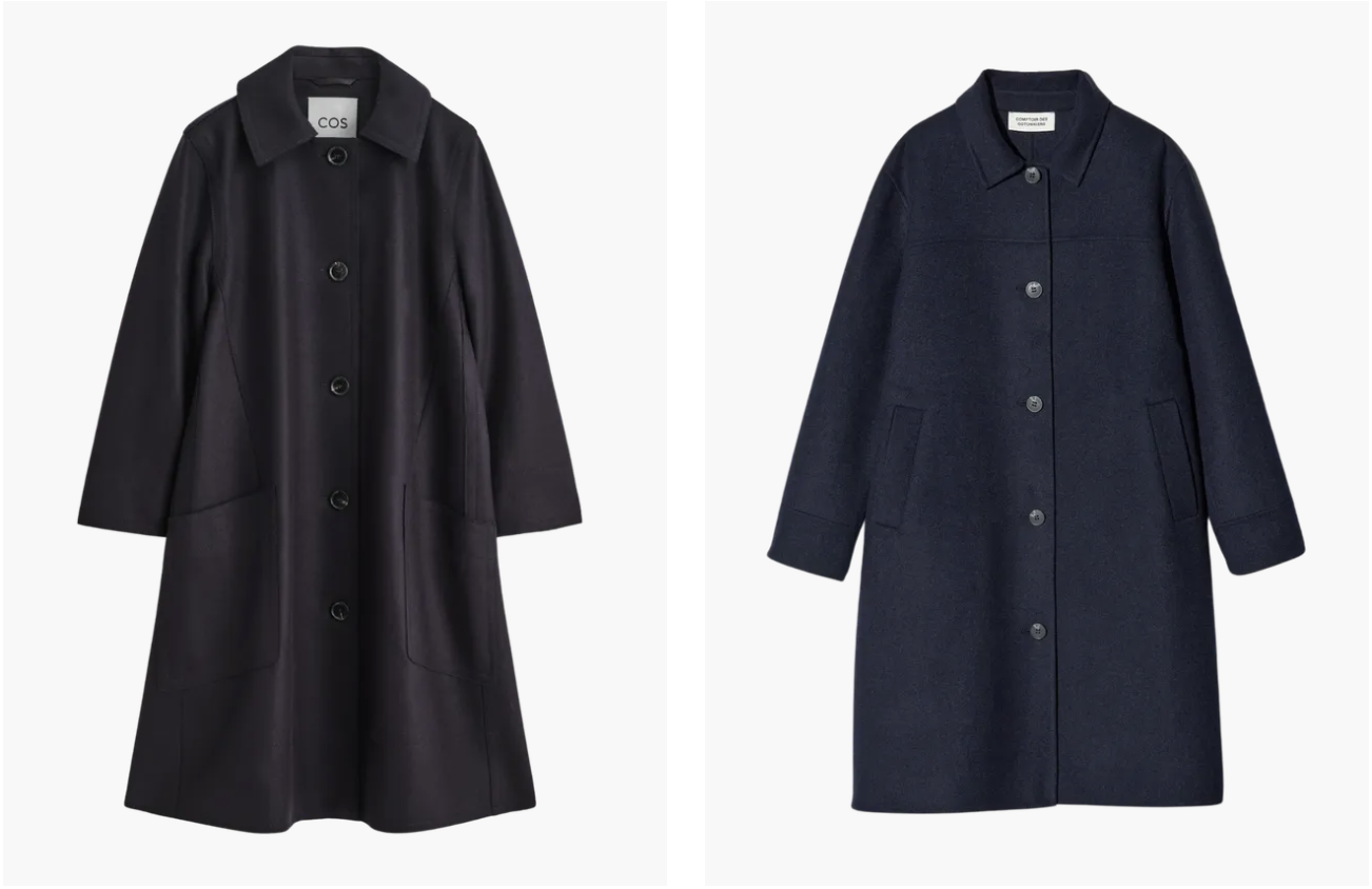 Dwa granatowe płaszcze na zimę 2025, jeden z kieszeniami i guzikami, drugi o minimalistycznym fasonie.
