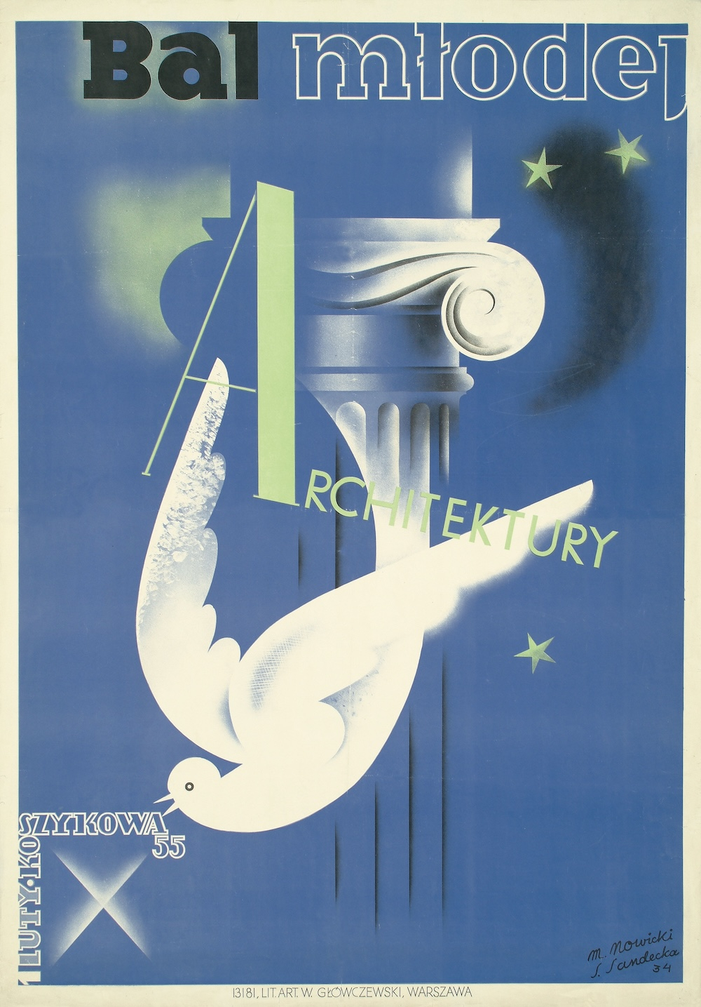 Plakat „Balu Młodej Architektury”, proj. Stanisława Sandecka-Nowicka, Maciej Nowicki, druk. Władysław Główczewski, 1934 (Muzeum Narodowe w Warszawie, dzięki uprzejmości Petera Nowickiego)