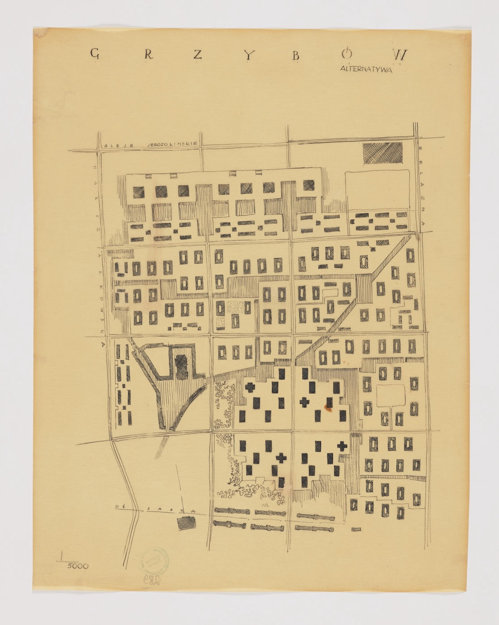 Maciej Nowicki, Grzybów, plan sytuacyjny, wariant, 1945 (Muzeum Warszawy)