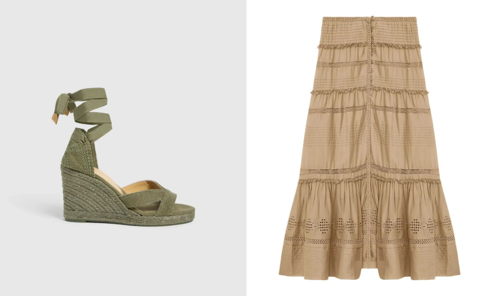 Damskie espadryle w kolorze khaki obok maxi spódnicy w odcieniu beżowym z ozdobnymi marszczeniami.