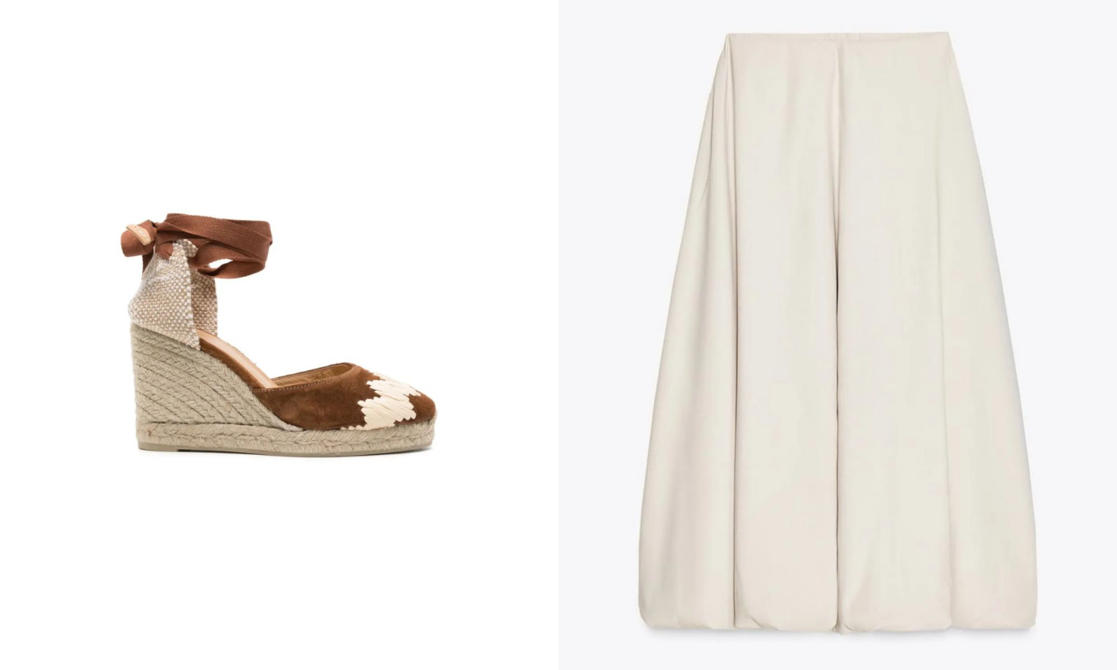 Damskie espadryle w odcieniach brązu obok białej spódnicy maxi o eleganckim kroju.