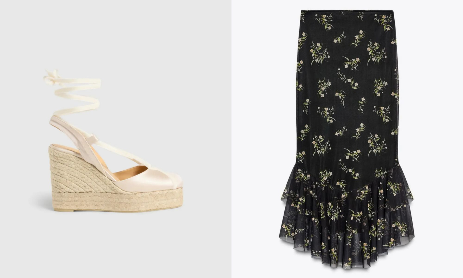 Damskie espadryle na platformie oraz spódnica maxi w kwiatowy wzór z falbaną u dołu.