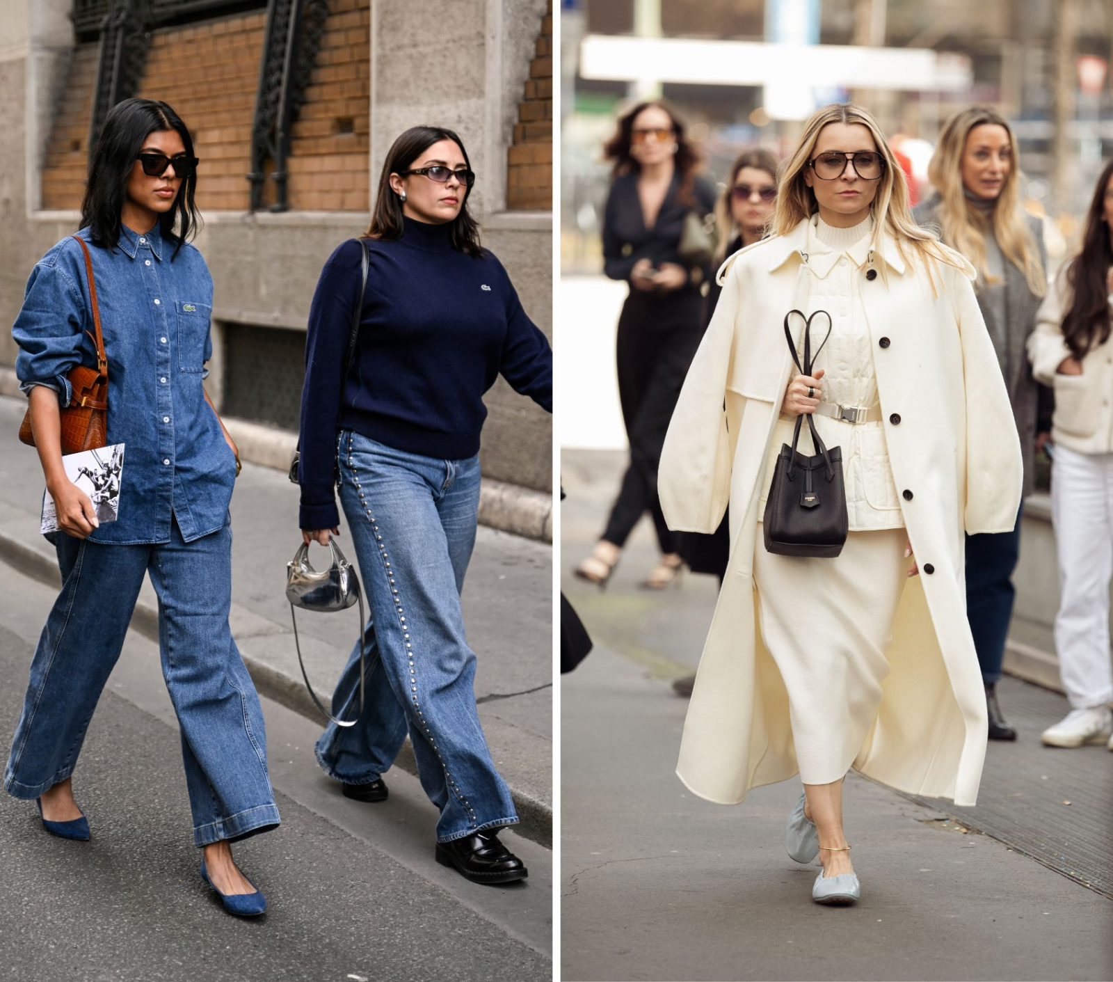Stylowe kobiety w modnych balerinach damskich spacerują po ulicy, prezentując różnorodne trendy w modzie.